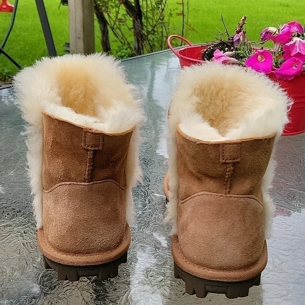 Sherpa Shearling Wool Lining Genuine Suede Ankle Booties Tan Contrast Fur Sz.7